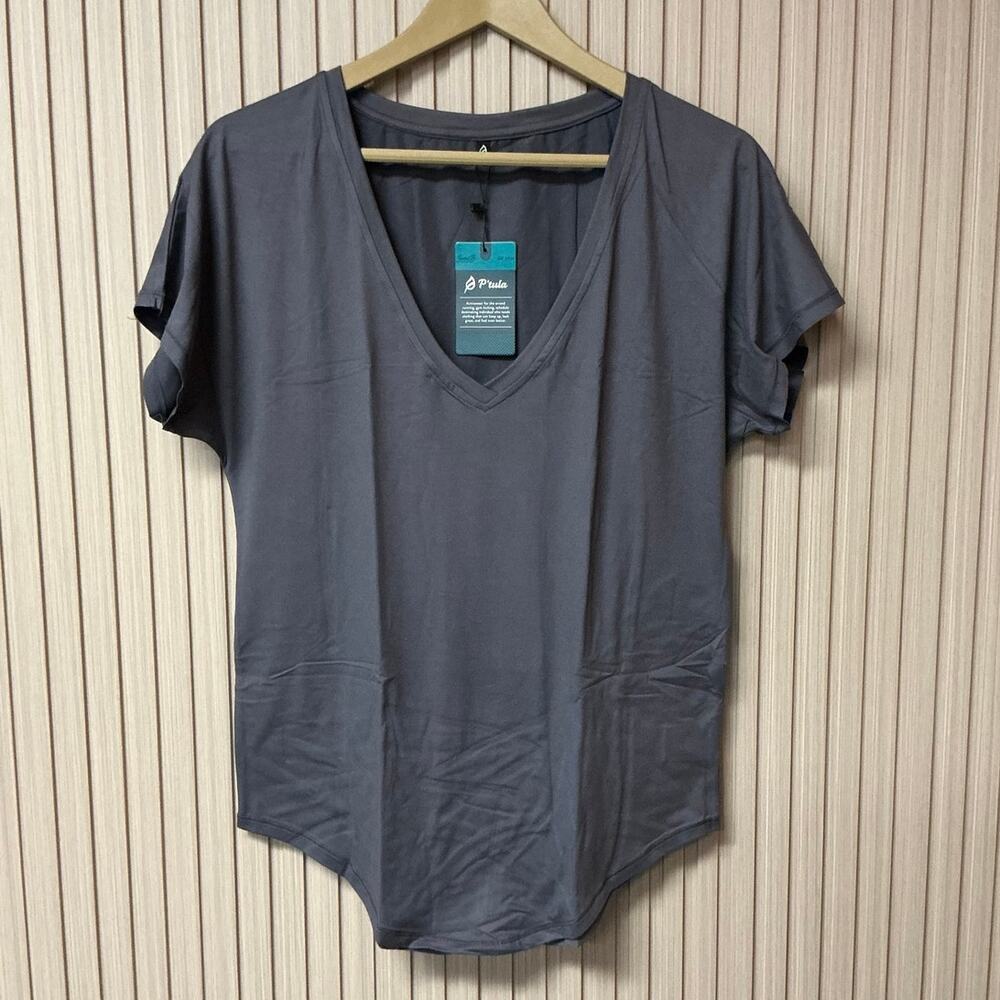 P’tula Activewear V-Neck Short Sleeve Tee Gray Size S NWT
